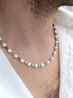 Mens pearl necklace,Secret Santa gift,Hematite beaded choker,Real pearl necklace,Crystal necklace,Boyfriend gift idea,Y2k pearl necklace men by JewelryByElis on Etsy Necklace Crystal, Hematite Beads