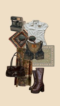 a woman's outfit with boots, purse and other items