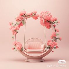 a pink chair with flowers around it and a swing in the middle, on a pink background