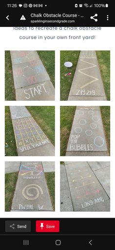 the sidewalk has chalk writing on it to spell out what you are doing and how to use