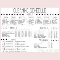 the cleaning schedule is shown in black and white on a pink background with polka dots