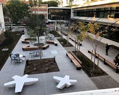 a courtyard with benches, tables and trees in the middle is seen from an upper floor window