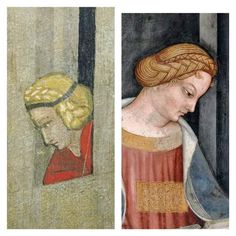 two paintings of women with hair in different styles