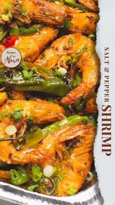 an image of shrimp and peppers in a pan on the cover of this cookbook