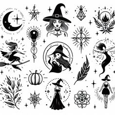 black and white halloween tattoos with witches, stars, pumpkins and other items on them