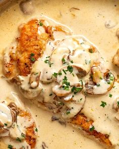 chicken with mushrooms and gravy in a skillet