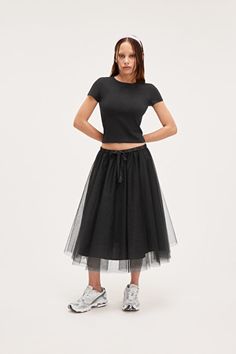 Midi Tulle Skirt - Black - Monki WW Evening Tulle Flared Skirt, Relaxed Full Tulle Maxi Skirt, Chic Voluminous Tulle Maxi Skirt, Chic Stretch Tulle Maxi Skirt, Chic Tulle Lined Maxi Skirt, Tulle Pleated Skirt For Evening, Flowy Tulle Skirt For Evening, Chic Relaxed Tulle Maxi Skirt, Summer Tulle Maxi Flared Skirt