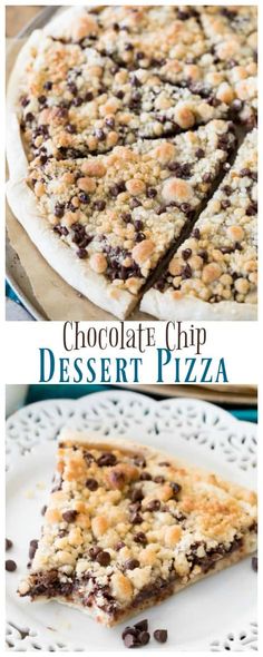 chocolate chip dessert pizza on a white plate