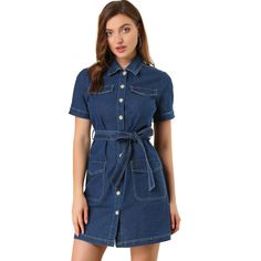 The dress features a point collar, a button-down design, and a belt for a casual chic look. Pair it with ankle boots or chunky sneakers for a casual look. This denim shirt dress is a good choice for fall or spring. A belt gathering around the waist brings a feminine touch. Add another cooler-season dress to your assortment with this style. It has short sleeves, a flattering tie waist, and plenty of practical pockets. Fastened with a full placket at the front, this piece can be paired well with p Casual Buttoned Denim Dress For Spring, Casual Collared Denim Dress For Fall, Trendy Collared Denim Dress For Fall, Fitted Collared Belted Denim Dress, Fitted Collared Denim Dress With Belt, Casual Relaxed Fit Denim Dress With Button Closure, Spring Short Sleeve Belted Denim Dress, Chic Belted Button-up Denim Dress, Trendy Collared Denim Dress