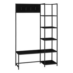 a black shelf unit with three shelves on each side and one shelf below it, against a white background