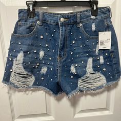 Brand New With Tags, These Denim Shorts Are Perfect For Your Summertime Concerts And Festivals. 100% Cotton. Shorts Are Embellished With Rhinestones And Silver Beads Throughout The Front. I Purchased These Recently But Unfortunately Could Not Fit Them. Denim Short Shorts, High Rise Black Jeans, Mudd Jeans, Rhinestone Jeans, Grey Denim Jeans, Ripped Jean Shorts, Studded Denim, Black Jean Shorts, American Eagle Shorts