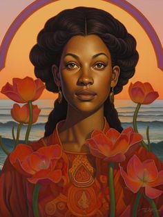 a painting of a woman with flowers in front of an orange sunset and ocean behind her