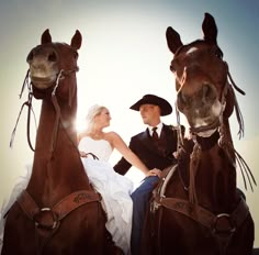 a bride and groom are sitting on two horses with the caption mr and mrs