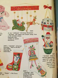 an open book showing christmas stockings and other holiday decorations, including snowmen, santa's sleigh