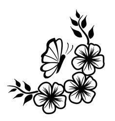 a black and white drawing of flowers with butterflies