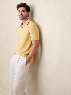 This polo shirt is cut from a textured fabric we love for its zig-zag texture, made even more lovely by its t-shirt softness and a retro-inspired collar with contrast color.  Standard fit.  Johnny collar with open front (no buttons).  Straight hem.  Standard fit.  Short sleeves.  Hip length.  Model: Size M, 6'2" (188cm). Tan Pants Men, Polo Outfit Men, Yellow Polo Shirt, Tan Pants, Butter Yellow, Sun With Sunglasses