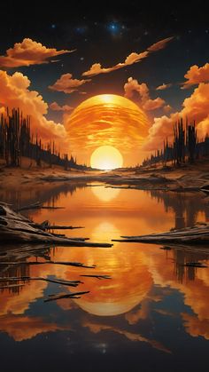 a painting of the sun setting over a lake