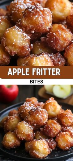 apple fritter bites on a black plate with apples and cinnamon in the background