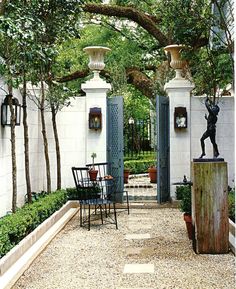 an outdoor patio area with chairs and tables