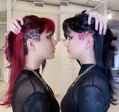 #scenequeen #undercut #spiderweb #hairstyles Side Undercut Designs For Women, Hidden Shaved Side Hairstyles, Shaved Sides Designs Patterns, Side Undercut With Bangs, Spiderweb Shaved Head, Split Dye Short Hair Pixie, Long Hair With Shaved Undercut, Dyed Shaved Sides, Short Hair Styles With Shaved Sides