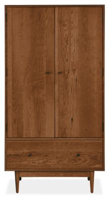 the armoire is made from wood and has two doors on one side, and three drawers on the other