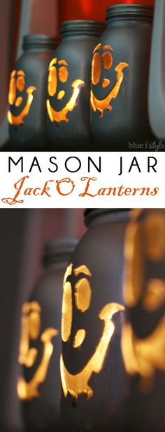 mason jar jack o lanternes with faces painted on them and the words halloween spelled in gold