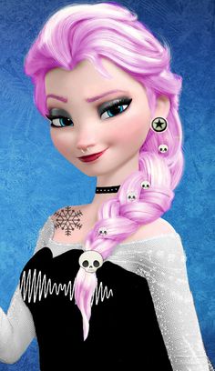 a cartoon girl with pink hair and skull eyes holding a cell phone in her hand