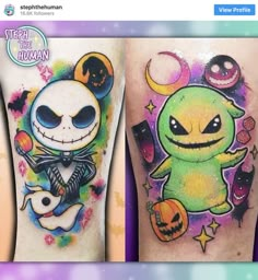 Best kawaii tattoo artists around the world. Cute Halloween Nightmare Before Christmas Jack and Oogie Tattoo Halloween Nightmare Before Christmas, Matching Tattoos For Couples, Jack Skellington Tattoo, Cute Halloween Tattoos, Small Colorful Tattoos, Tim Burton Tattoo, Nightmare Before Christmas Tattoo, Christmas Tattoo, Kawaii Tattoo