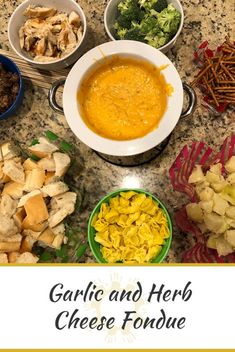 the ingredients for garlic and herb cheese fondue are shown in bowls on a granite countertop