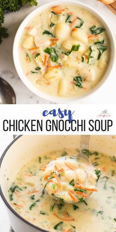 chicken gnocchi soup in a white bowl with a spoon