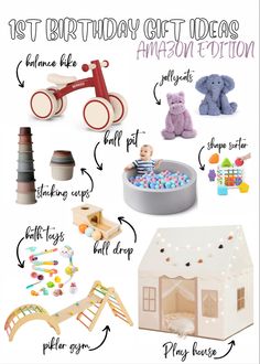 a birthday gift guide for the child's first birthday with toys and other items