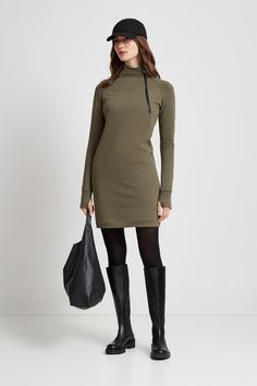 Olive Green Long Sleeve Dress - Alani Sweatshirt Dress | Marcella Dresses With Leggings Winter, Sporty Loungewear, Sweatshirt Dress Outfit, Dress With Leggings, Long Sleeve Sweatshirt Dress, Green Long Sleeve Dress, Vegan Leather Leggings, Extra Long Sleeves, Long Sleeve Sweater Dress