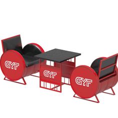 three chairs and a table with the letters gf on them, all in red