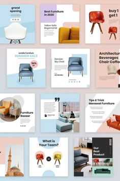 an assortment of brochures with different furnitures and colors on them, including chairs