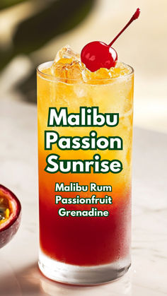 Malibu Passion Sunrise Malibu Sunrise Recipe, Drinks With Bacardi Rum, Malibu Mixed Drinks, Classy Drinks, Sunrise Drink, Dark Rum Cocktails, Cocktails Made With Rum, Malibu Rum Drinks, Malibu Cocktails