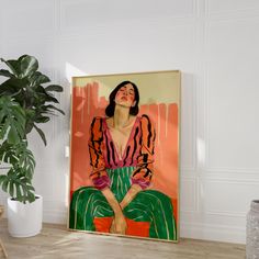 a painting on the wall next to a potted plant