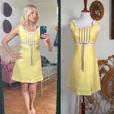 Super Dress frim 60s/70s looks handmade-back metal zipper closure  Dress fits a size small Waist is 26" bust 32" Length 32.5" 60s Products, Retro Yellow Dress With Buttons, Yellow 80s Dress, Yellow 60s Dress, Mid-century Yellow Spring Dresses, 1970s Vintage Fitted Spring Dress, 70s Look, Vintage Interior Design, Vintage Interior