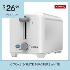 a white toaster sitting on top of a blue and white background with the words cook's 2 slice toaster i white $ 26 99