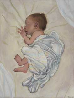 a painting of a baby wrapped in a blanket on top of a bed with white sheets