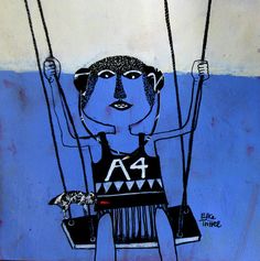 a painting of a person on a swing with the number four above their head, holding two strings