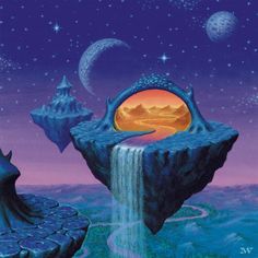 an image of a surreal scene with waterfall and moon