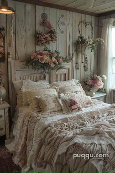 a white bed sitting in a bedroom next to a window with flowers on the headboard