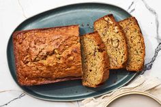 slices of banana bread on a blue plate