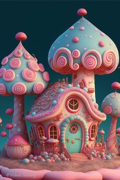 an illustration of a pink and blue mushroom house