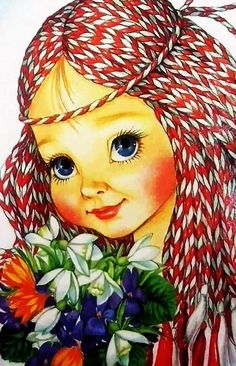 a drawing of a girl with blue eyes and braids on her head holding flowers