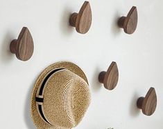 a hat is hanging on the wall next to some hooks and plants in a pot