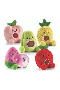 four stuffed animals with different colors and sizes, one in the shape of an apple