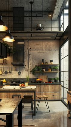 an industrial style kitchen with wooden cabinets and counter tops, along with hanging lights above the island