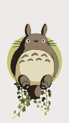 a totoro sitting on top of a tree branch with leaves around its neck