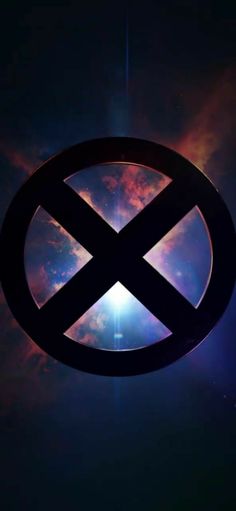 the symbol for x - men is shown in front of a dark background with red and blue clouds